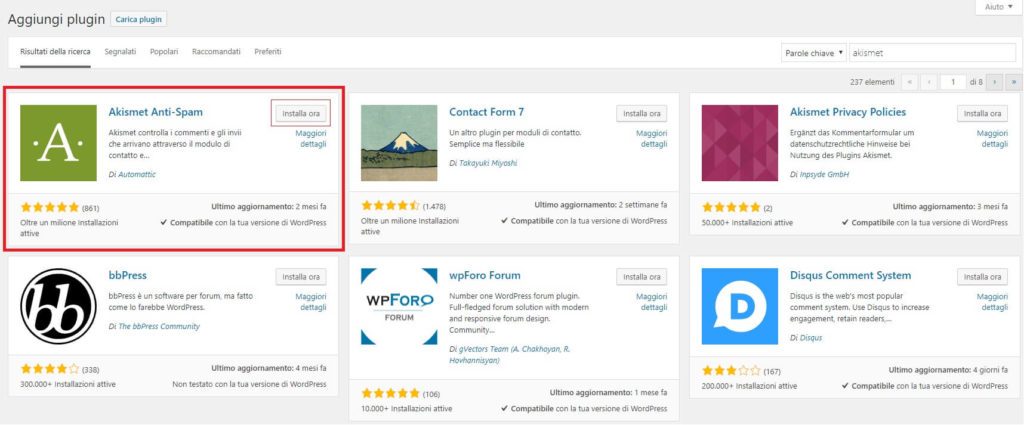 Come installare Akismet Plugin